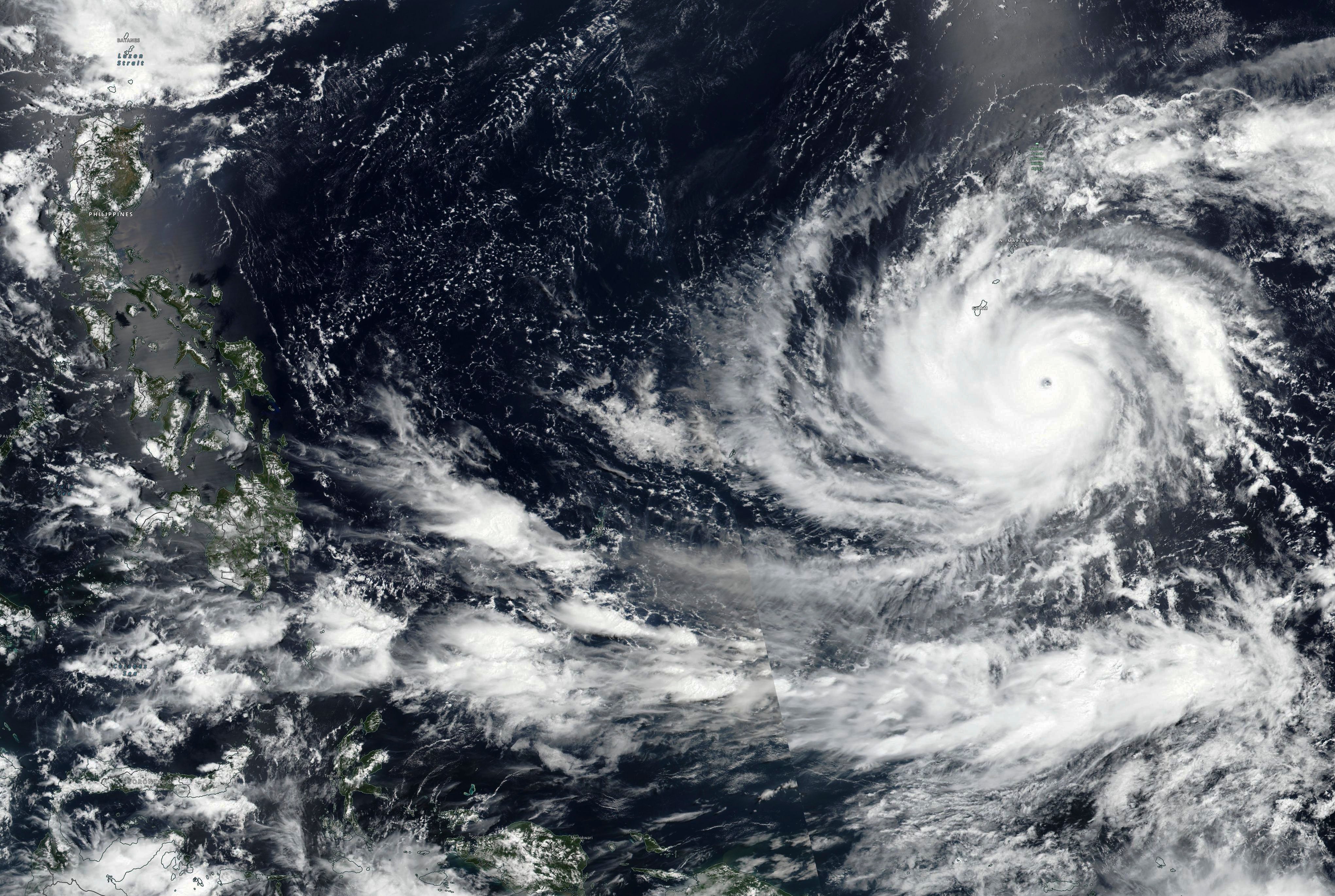 <p>Typhoon Mawar, a powerful storm that could deliver the biggest hit in two decades to the US territory in the Pacific, approaching Guam</p>