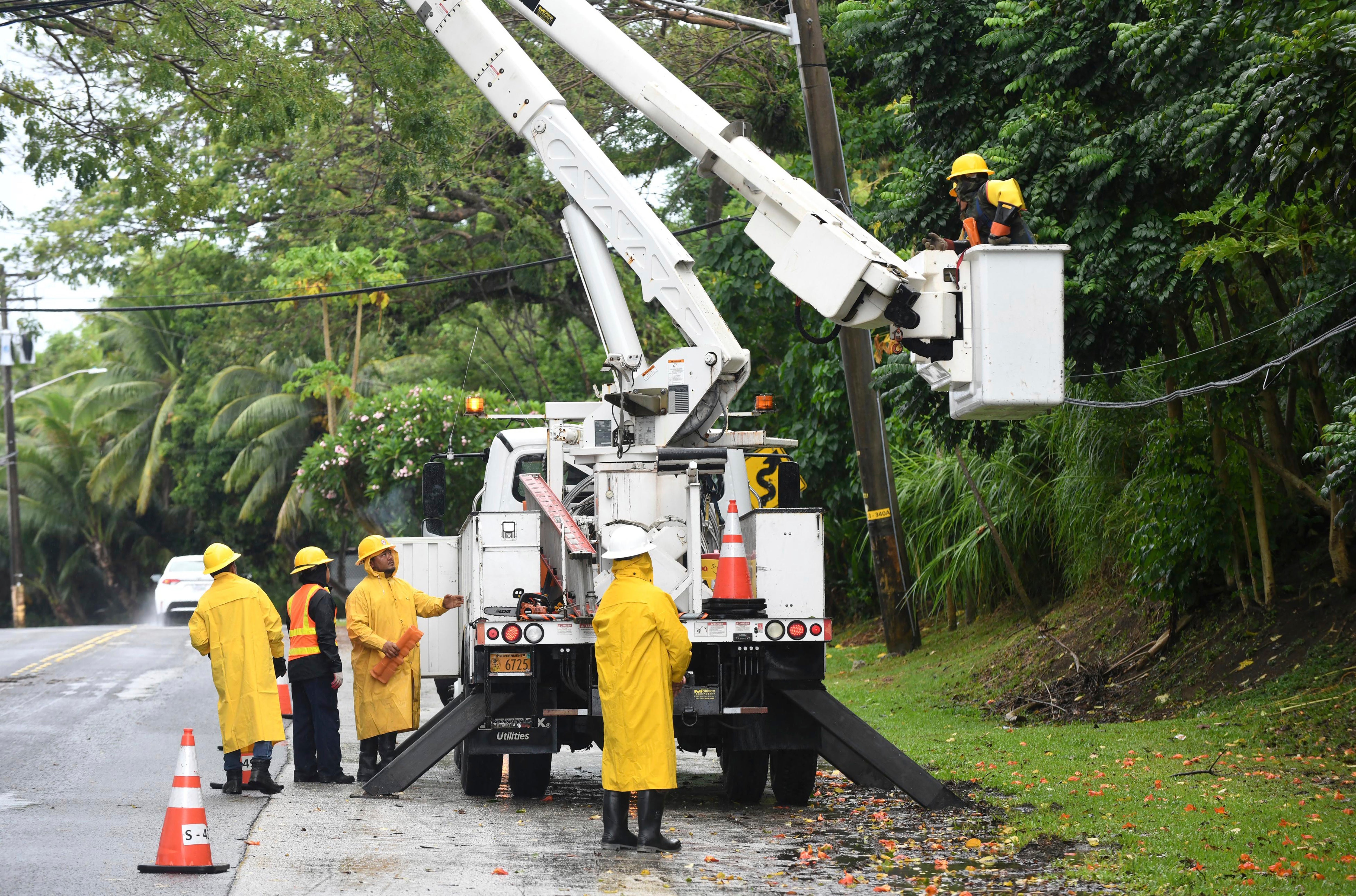 Guam Power Authority personnel conduct tree trimming operations to clear branches away from power lines