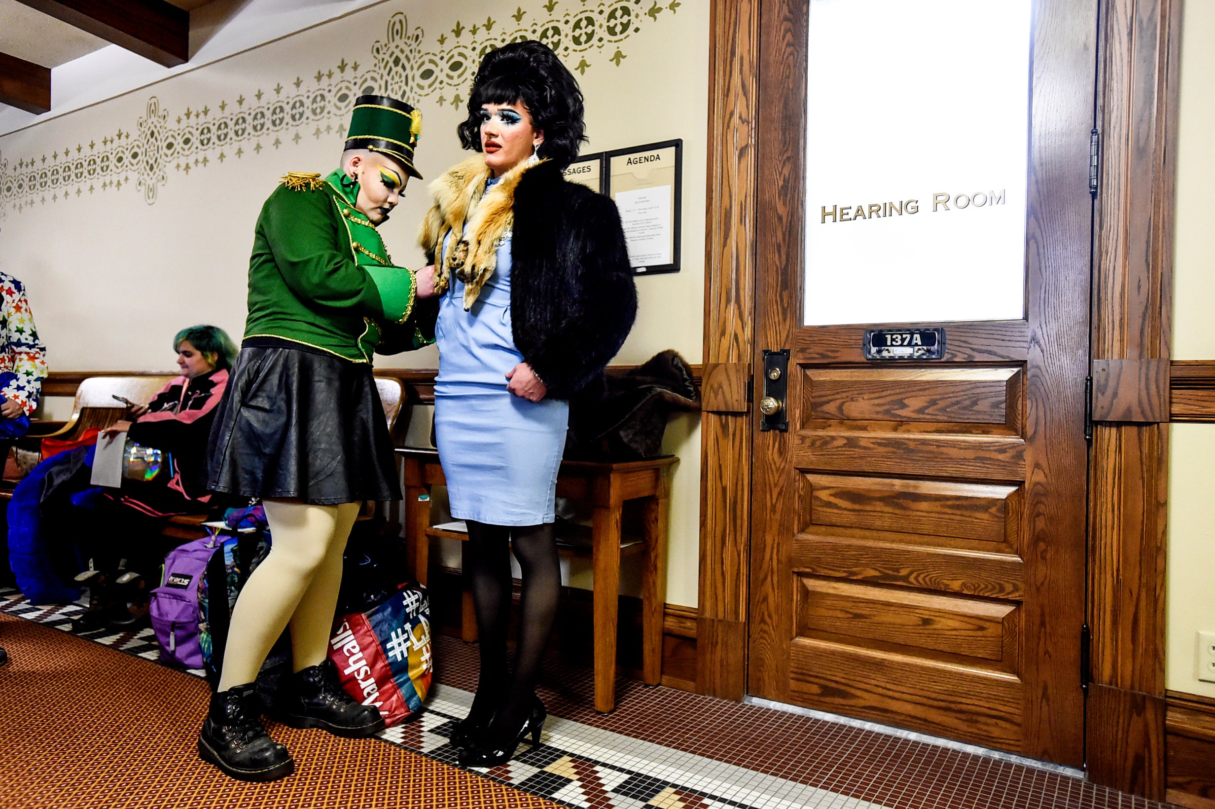 Drag performers prepared for a rally on 13 April inside Montana’s capitol to protest the state’s sweeping anti-drag law, among a barrage of legislation targeting LGBT+ people in the state.