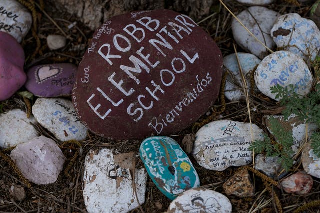 <p>Decorated rocks honor the victims of the shooting at Robb Elementary School in Uvalde, Texas, Wednesday, May 3, 2023</p>