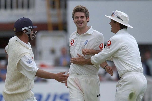 James Anderson (centre) took five wickets on his Test debut for England (Matthew Fearn/PA)