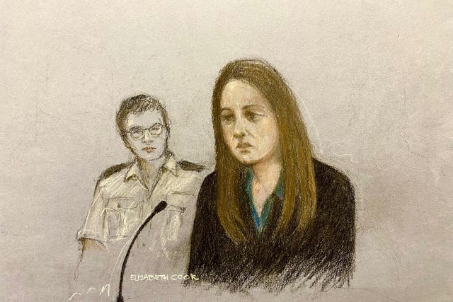 Court artist sketch by Elizabeth Cook of Lucy Letby giving evidence (Elizabeth Cook/PA)