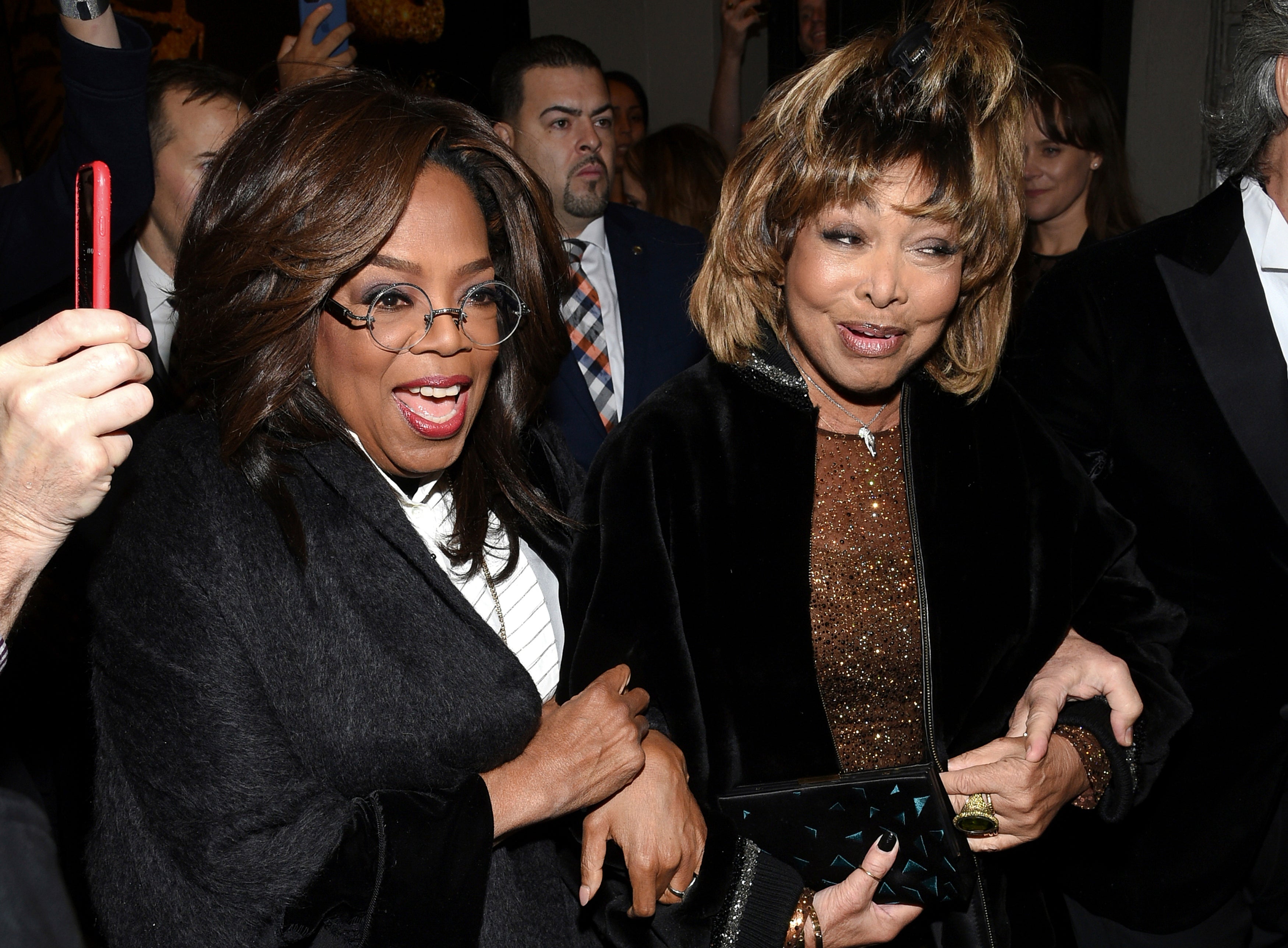 Tina Turner, right, arrives with Oprah Winfrey for the opening night of ‘Tina - The Tina Turner Musical’ in 2019