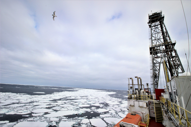 <p>The research vessel JOIDES Resolution surrounded by sea ice as it approaches Antarctica’s eastern Ross Sea during International Ocean Discovery Program (IODP) Expedition 374</p>
