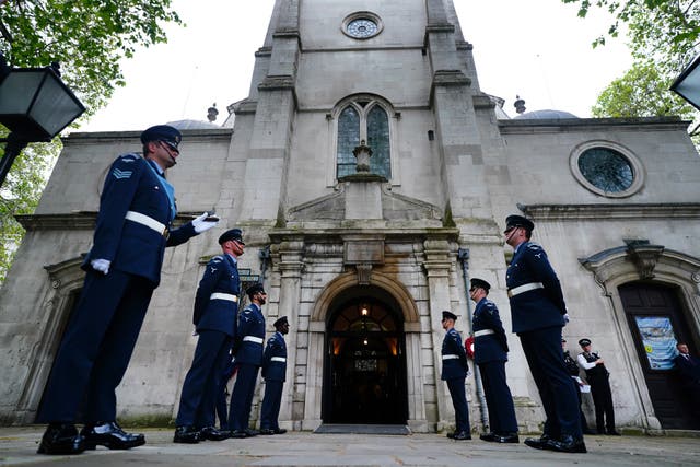 The Guard of Honour in place for the funeral of RAF Sergeant Peter Brown at St Clement Danes Church, in London (Victoria Jones/PA)