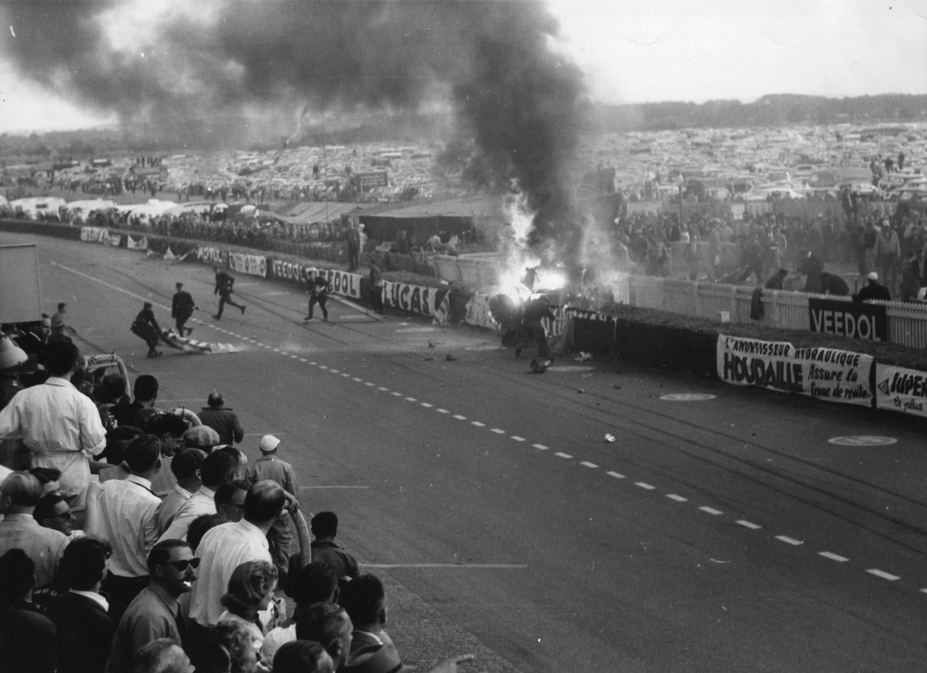 The scene of the crash of Pierre Levegh’s Mercedes-Benz 300 SLR in 1955