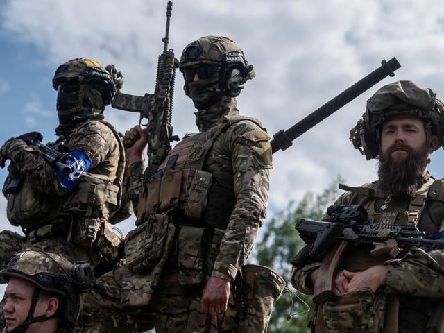 <p>Members of the Russian Volunteer Corps in Ukraine, near the border with Russia </p>