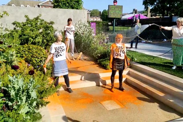<p>A woman douses Just Stop Oil protesters with water after they throw orange paint over a Chelsea Flower Show exhibit in London</p>