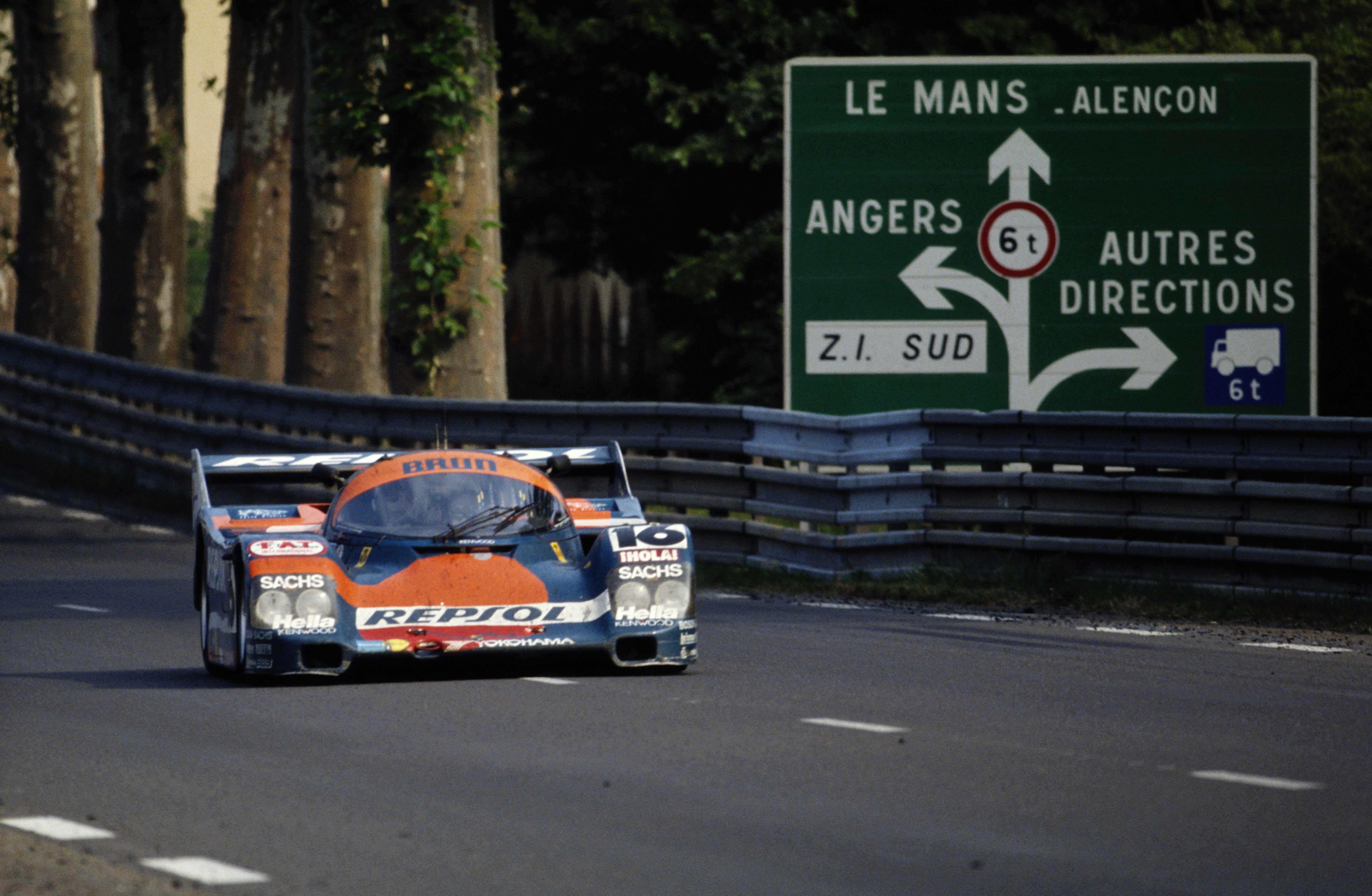 The #16 Brun Motorsport Porsche 962 driven by Oscar Larrauri, Jesus Pareja and Walter Brun in 1990