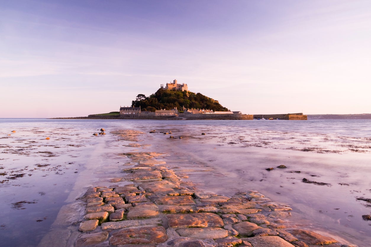 A view of St Michael’s Mount, with part of the path covered by the tide