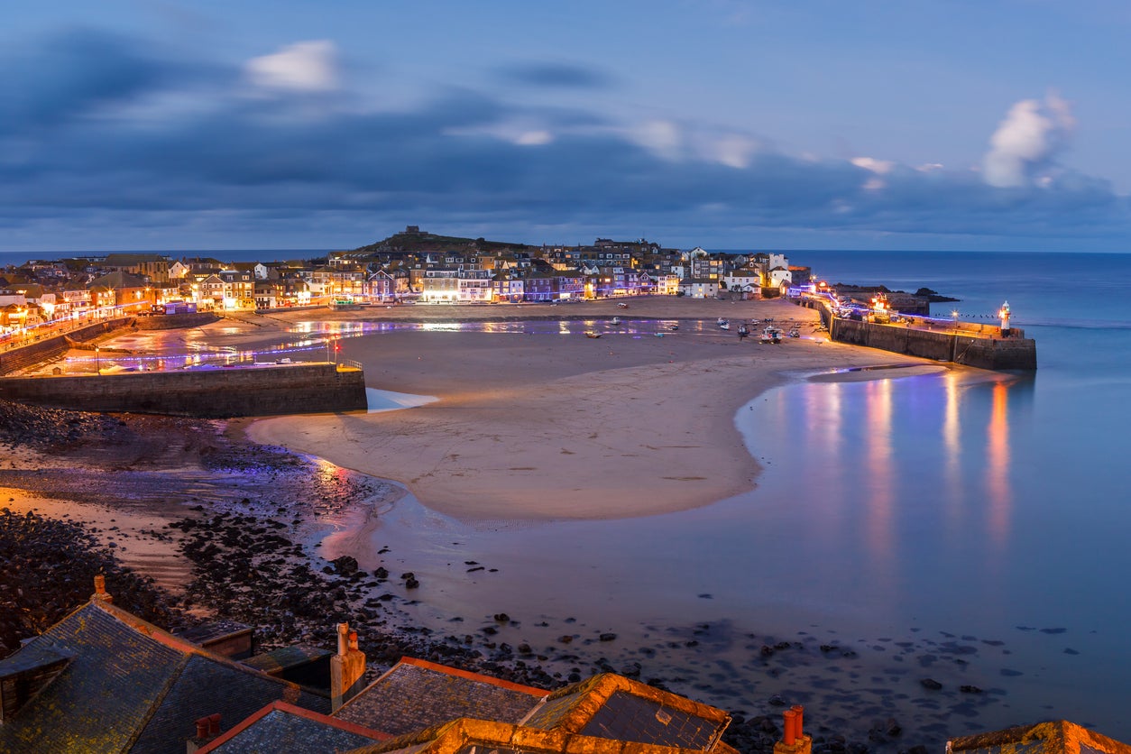 A view overlooking St Ives harbour at dusk