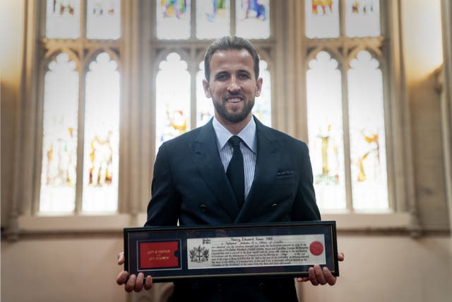 Tottenham Hotspur’s Harry Kane receives the Freedom of the City of London at the Guildhall, in recognition of his outstanding sporting achievements (Victoria Jones/PA)