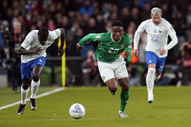 Republic of Ireland’s Chiedozie Ogbene gets away from France’s Dayot Upamecano during the UEFA Euro 2024 Group B qualifying match at the Aviva Stadium, Dublin, Ireland. Picture date: Monday March 27, 2023.