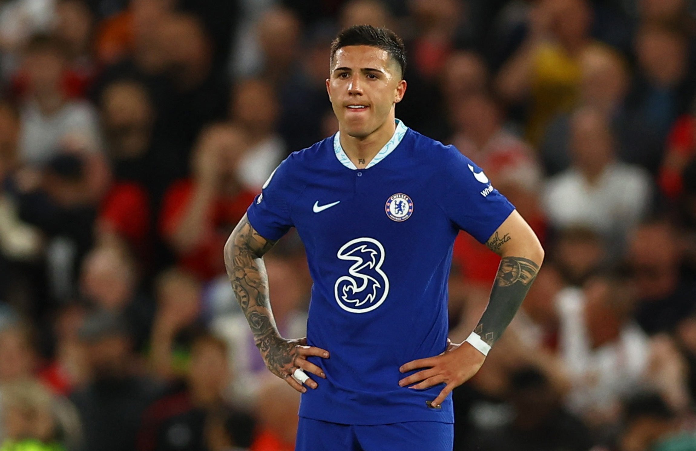 Chelsea's Enzo Fernandez looking dismayed during their game against Man United