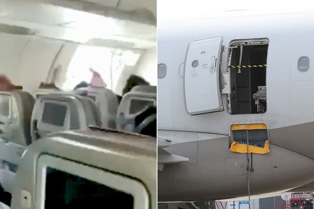 <p>Terrifying moment plane door opens mid-air after ‘passenger pulls emergency exit lever’ Grab</p>