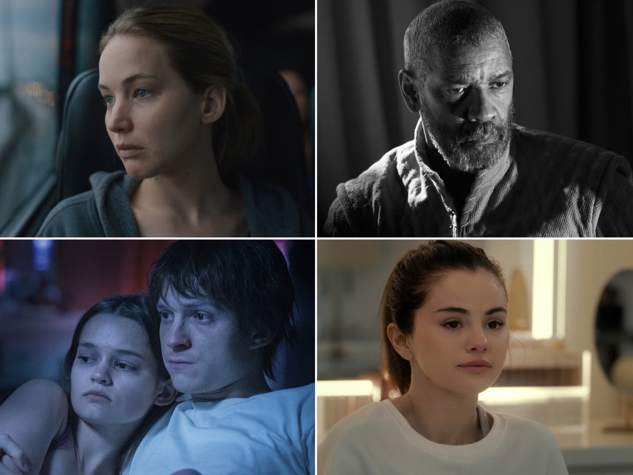 Clockwise from top right: Denzel Washington in ‘The Tragedy of Macbeth’, Selena Gomez in ‘Selena: My Mind & Me’, Tom Holland and Ciara Bravo in ‘Cherry’ and Jennifer Lawrence in ‘Causeway’
