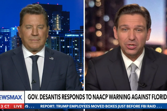 <p>A video feed of Newsmax host Eric Bolling and Florida Governor Ron DeSantis froze twice during an interview on 25 May 2023</p>