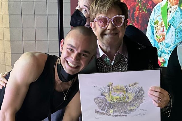 Left, a sketch by Chris Lloyd of Sir Elton John’s Farewell Yellow Brick Road tour and, right, Mr Lloyd backstage with Sir Elton (@chrislloydart/PA)