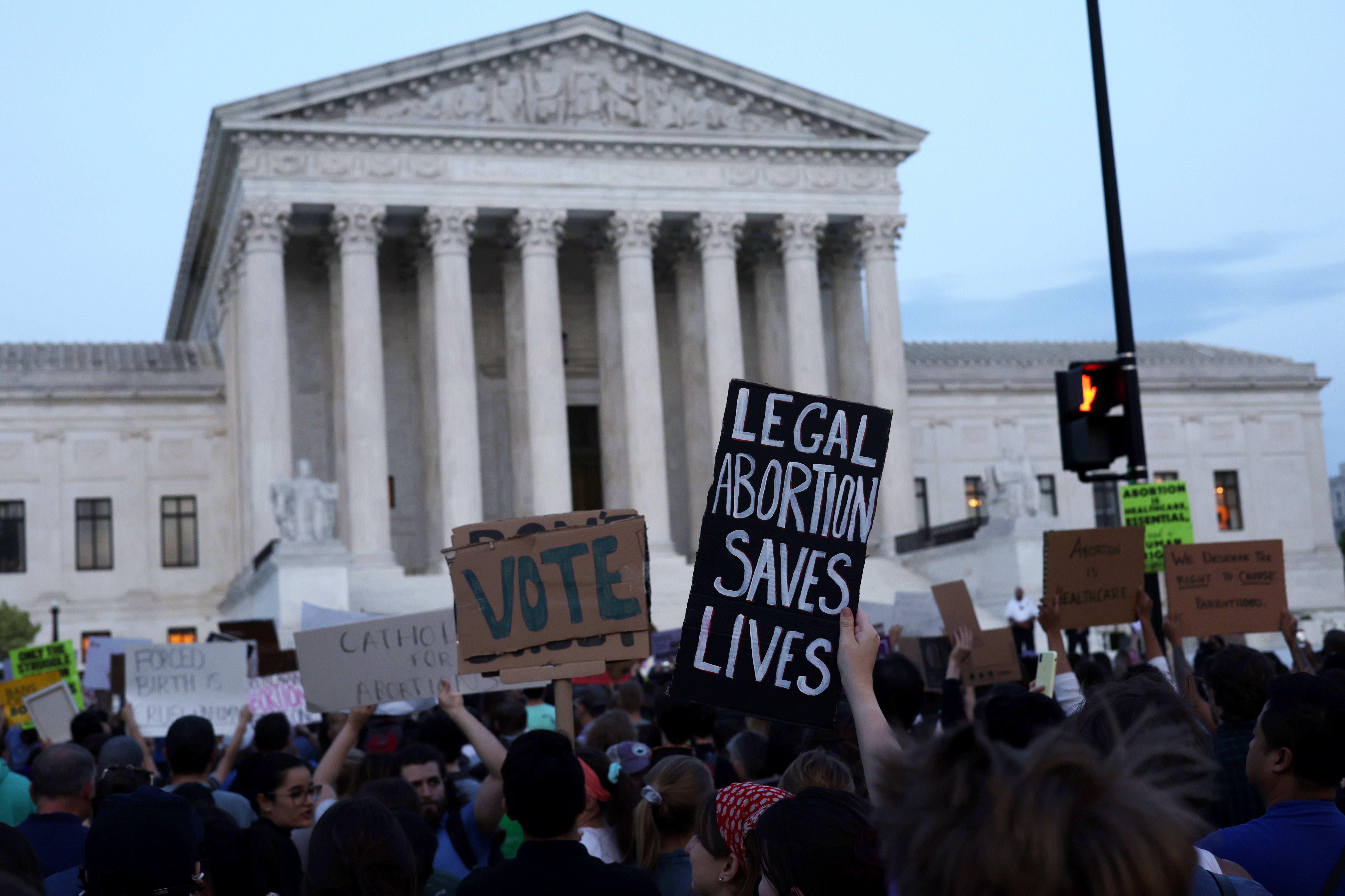 Pro-choice activists protest at the Supreme Court after the Roe v Wade ruling leak