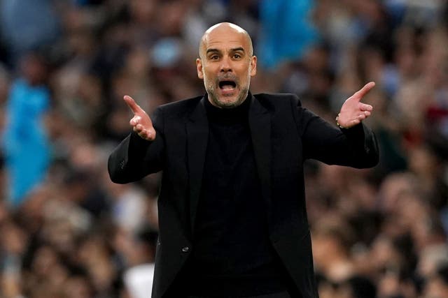 Manchester City manager Pep Guardiola reacts on the touchline during the UEFA Champions League semi-final second leg match at Etihad Stadium, Manchester. Picture date: Wednesday May 17, 2023.
