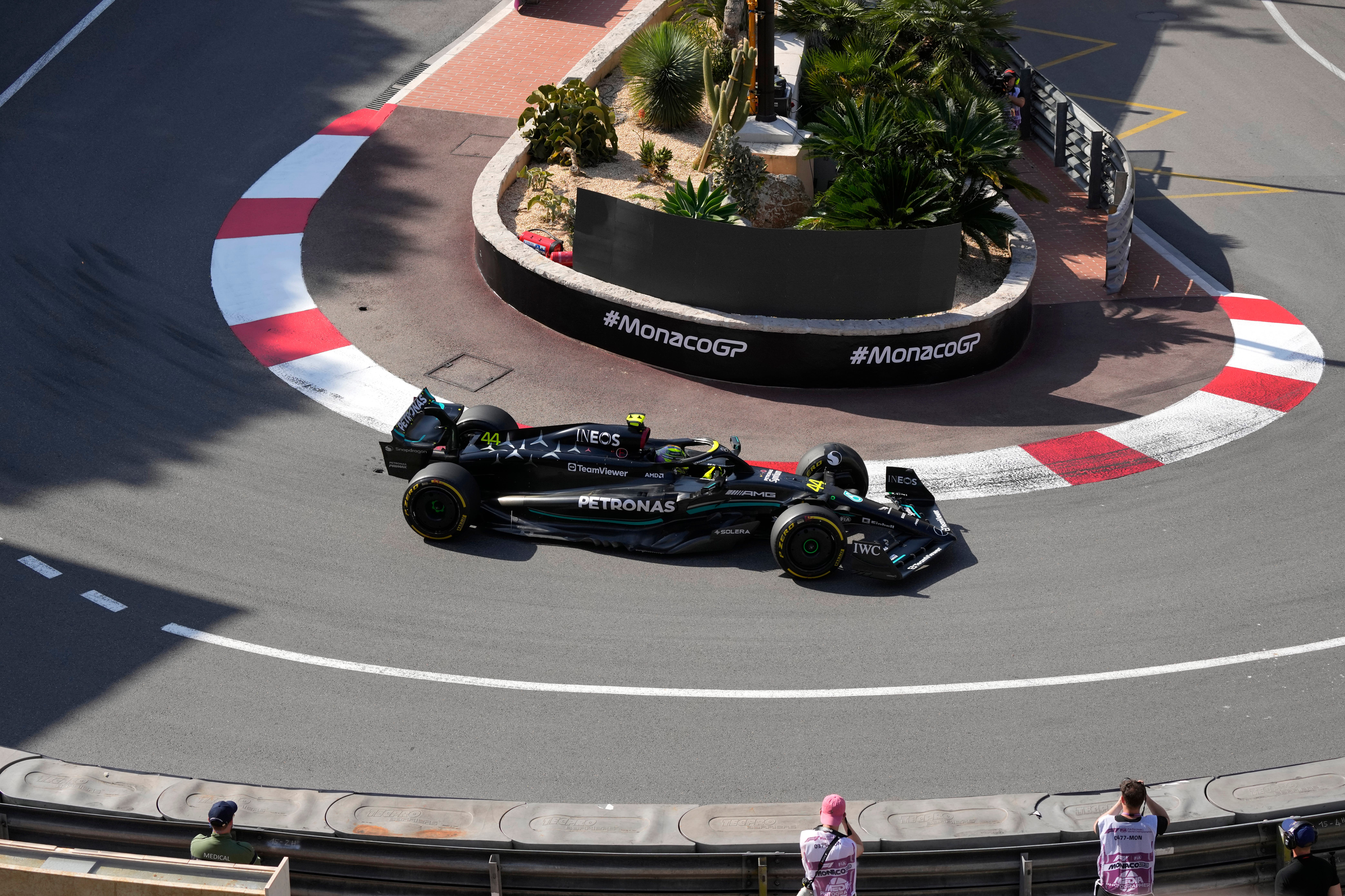 Lewis Hamilton in action in the new Mercedes around the streets of Monaco