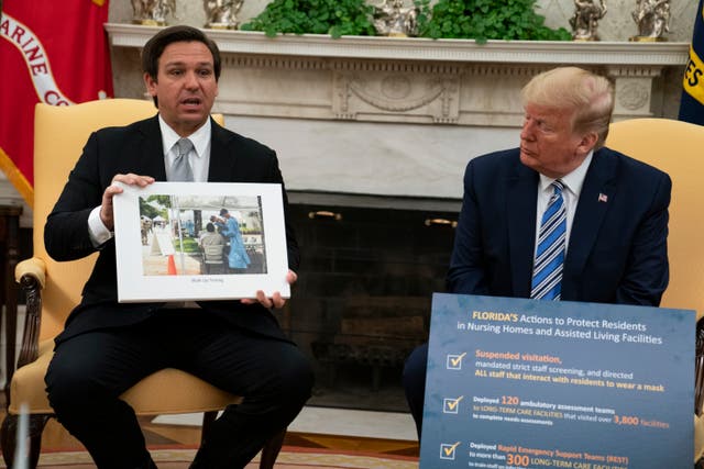 <p>President Donald Trump listens as Florida Gov. Ron DeSantis talks about the coronavirus response during a meeting in the Oval Office of the White House, April 28, 2020, in Washington. </p>