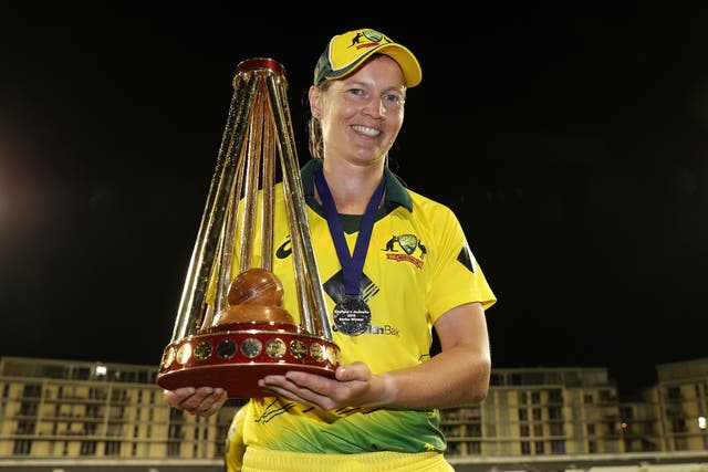 Australia’s Meg Lanning with the Womens Ashes trophy (David Davies/PA)