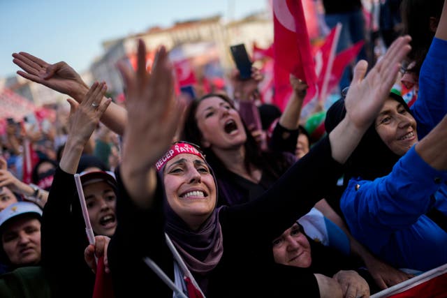 <p>Supporters of Recep Tayyip Erdogan during a campaign rally on Friday </p>