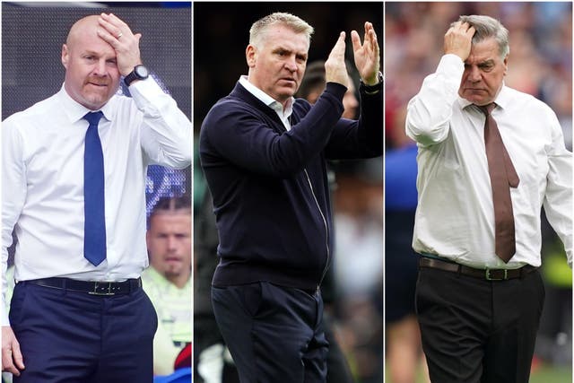 Sean Dyche’s Everton (left), Dean Smith’s Leicester (centre) and Sam Allardyce’s Leeds are fighting to stay up (Peter Byrne/Zac Goodwin/Mike Egerton/PA)