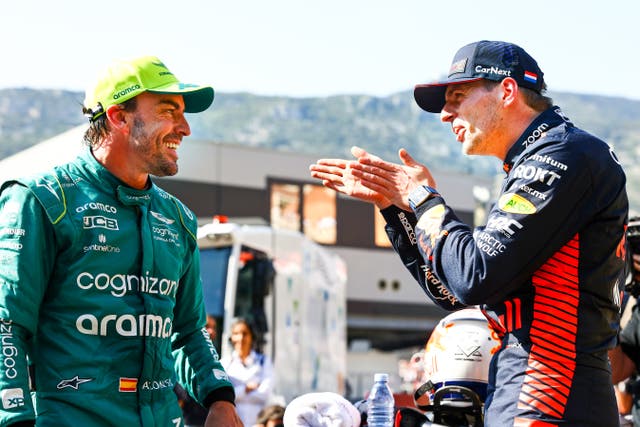 <p>Max Verstappen, right, and Fernando Alonso after the qualifying rounds yesterday</p>