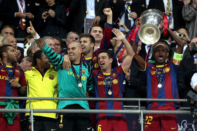 Barcelona players celebrate their Champions League triumph after beating Manchester United in the Wembley final on this day in 2011 (Nick Potts/PA)