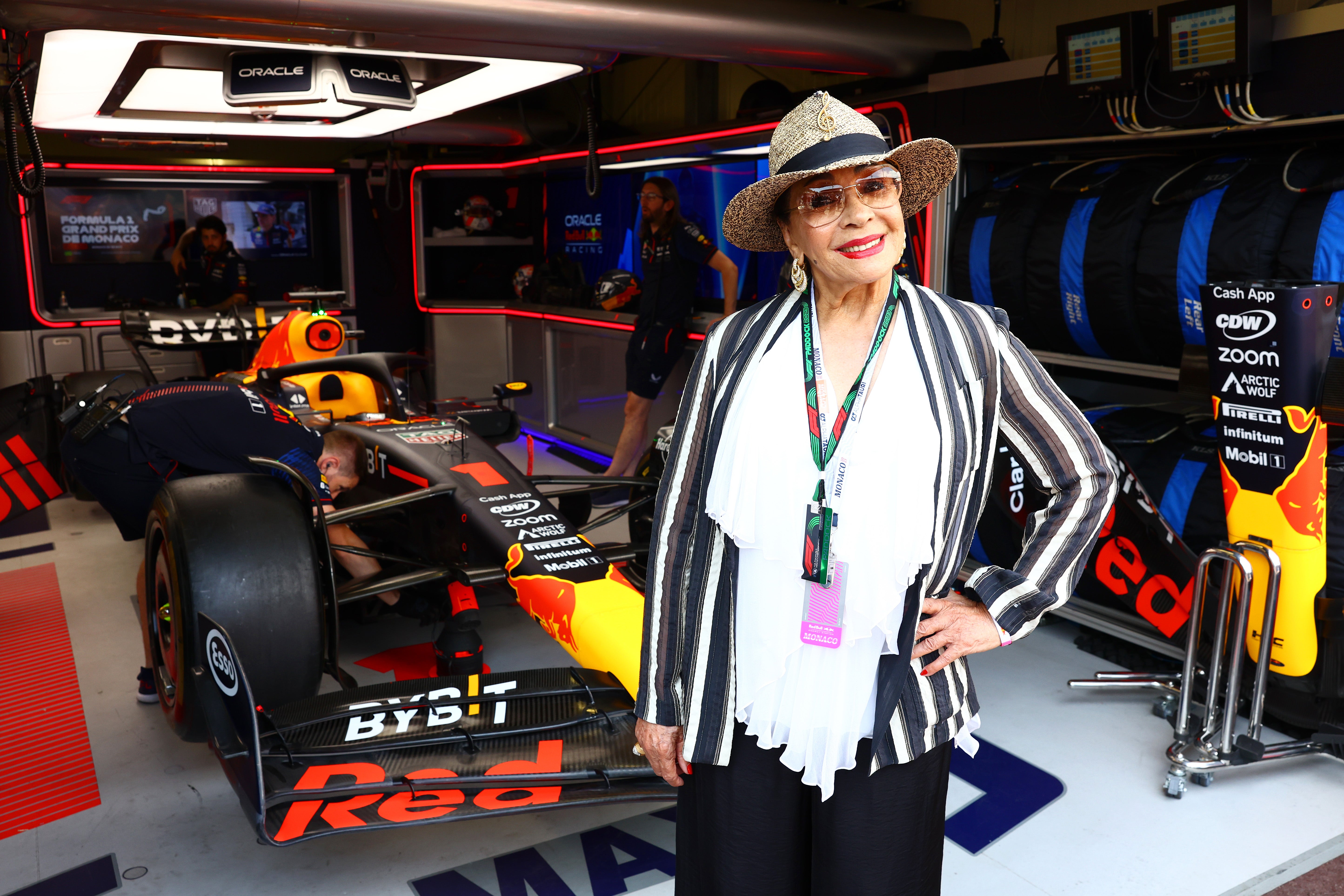 Dame Shirley Bassey poses for a photo outside the Red Bull Racing garage prior to the F1 Grand Prix of Monaco at Circuit de Monaco on May 28, 2023