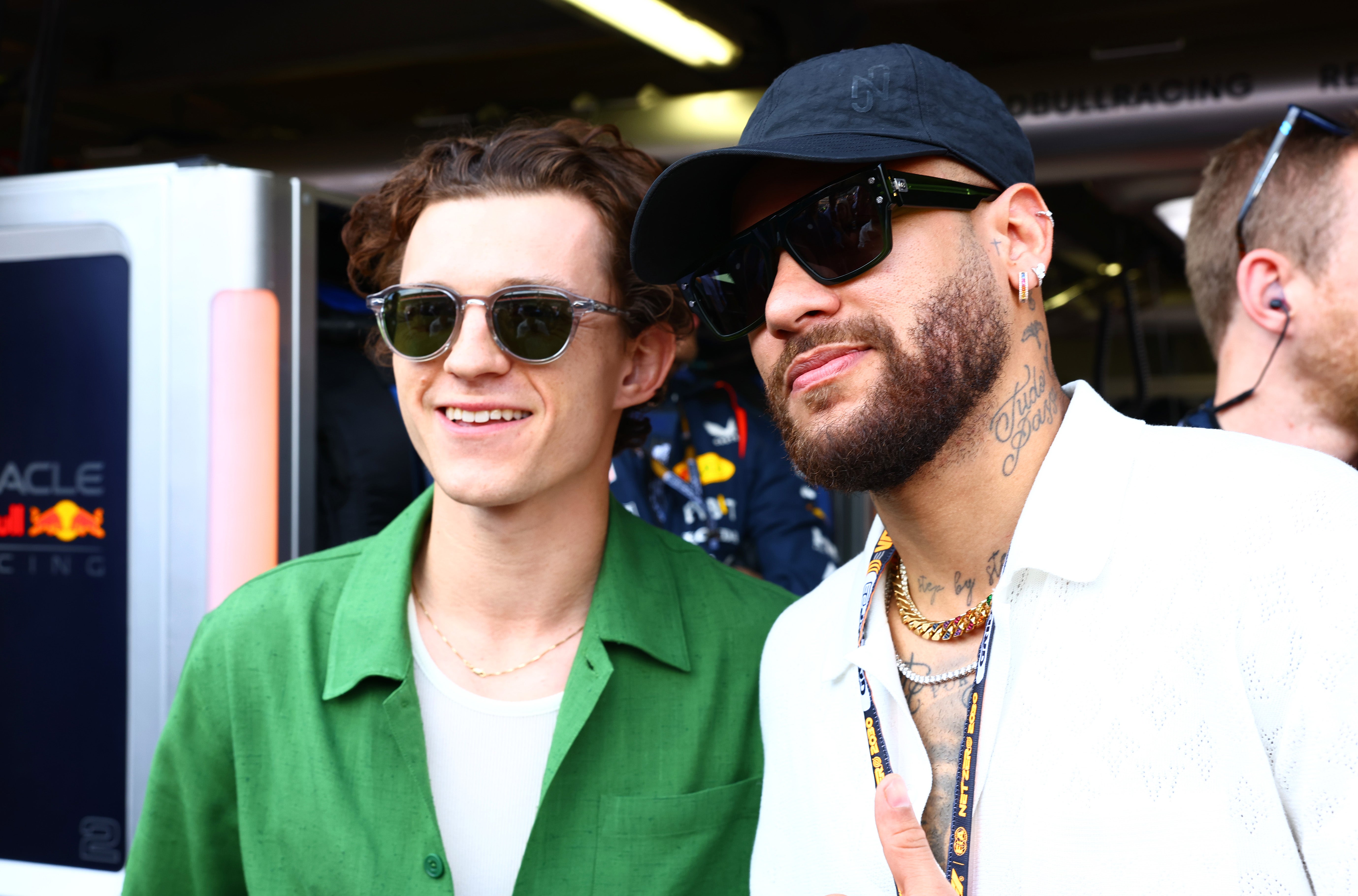 Tom Holland and Neymar pose for a photo prior to the F1 Grand Prix of Monaco at Circuit de Monaco on May 28, 2023