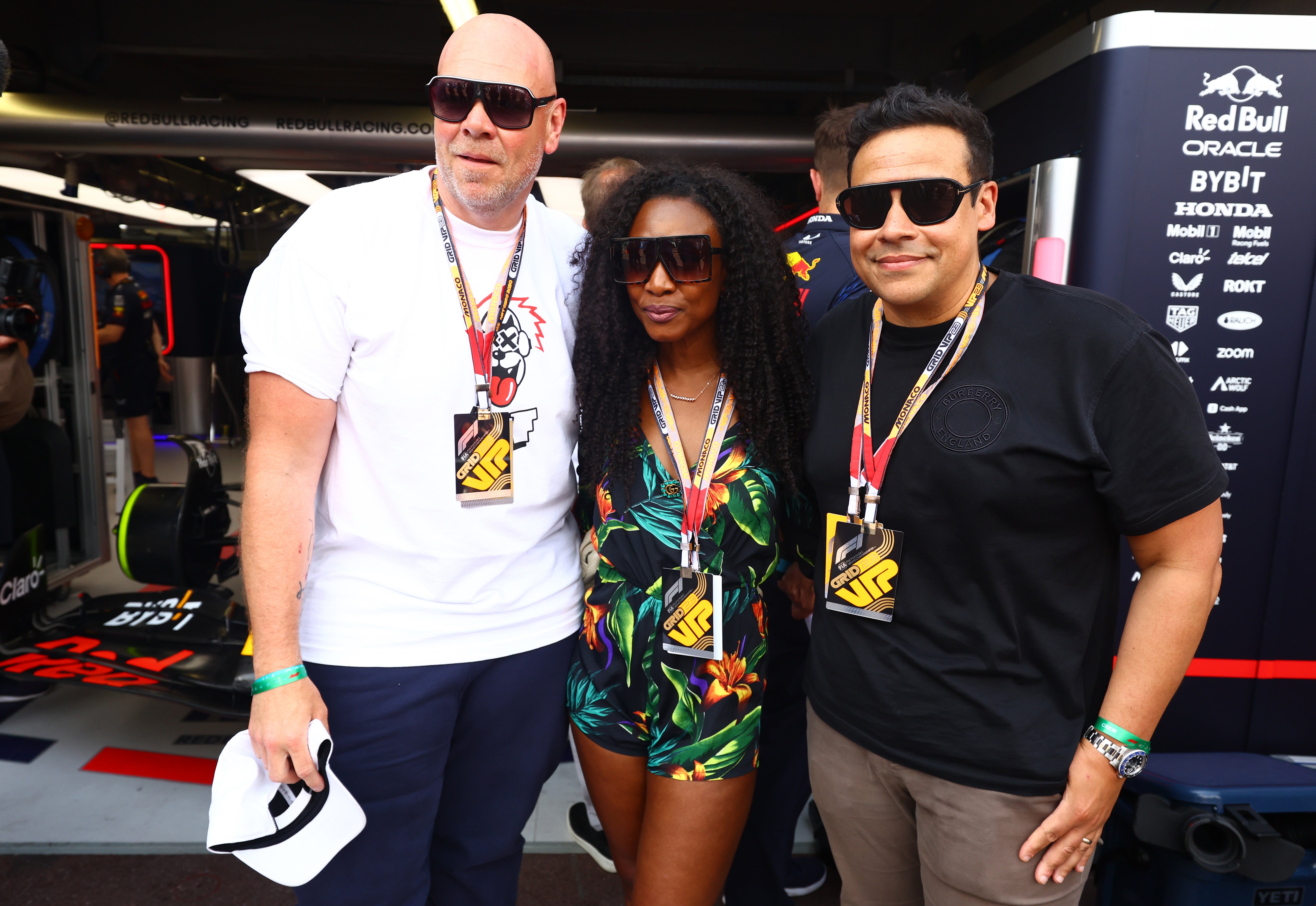 Tom Kerridge, Beverley Knight and Paul Ainsworth pose for a photo outside the Red Bull Racing garage prior to the F1 Grand Prix of Monaco at Circuit de Monaco on May 28, 2023
