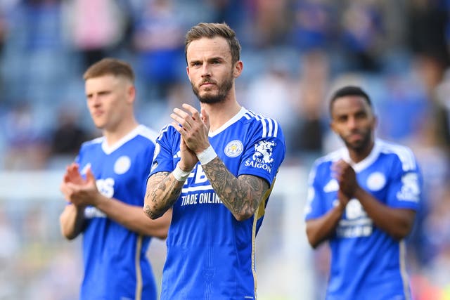 <p>James Maddison of Leicester City looks dejected after relegation</p>