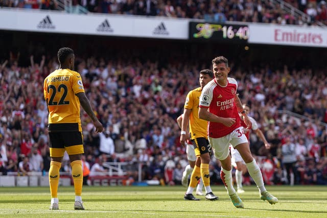 Granit Xhaka celebrates scoring in Arsenal’s 5-0 win over Wolves (Adam Davy/PA)