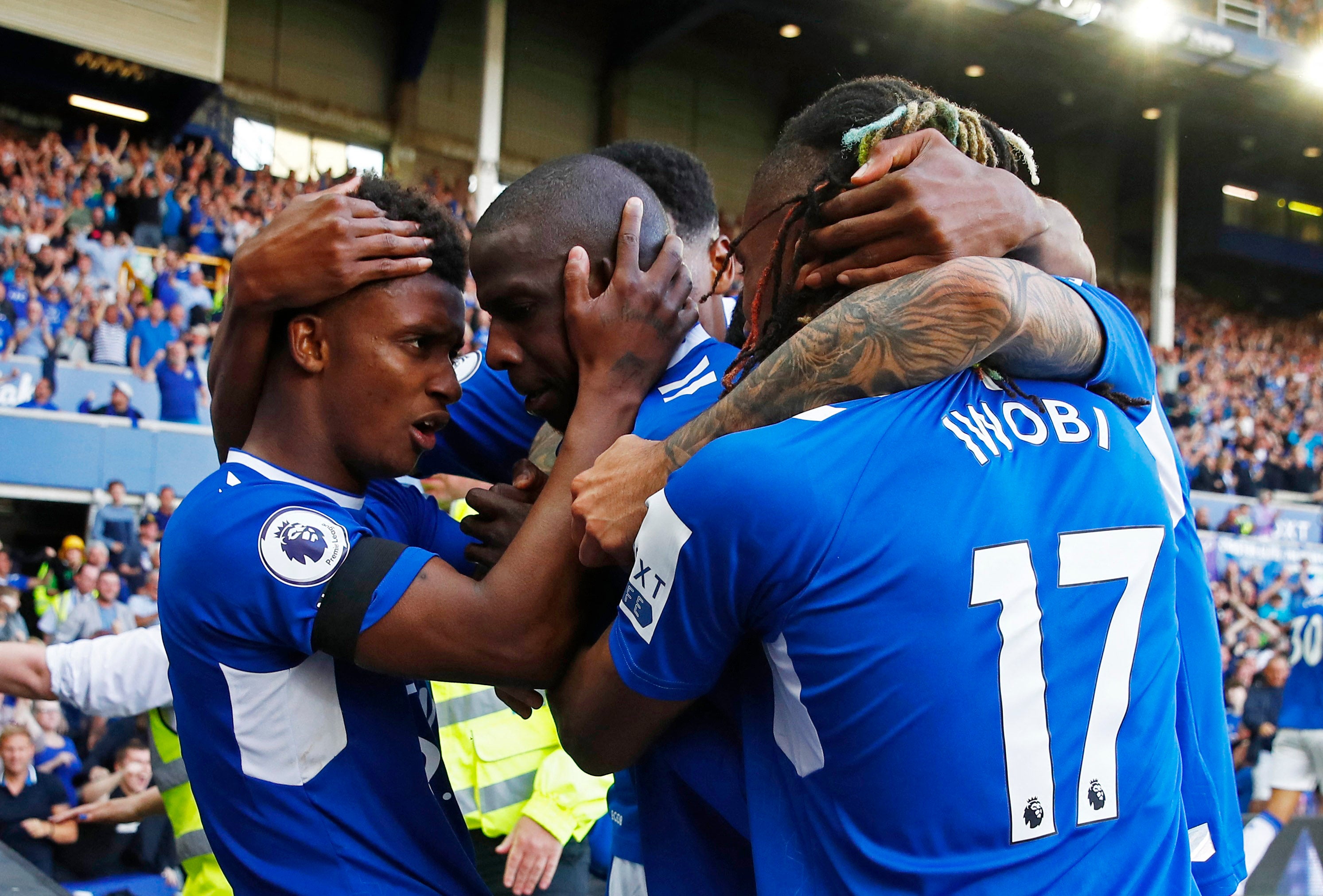 Abdoulaye Doucoure celebrates scoring the goal that kept Everton up