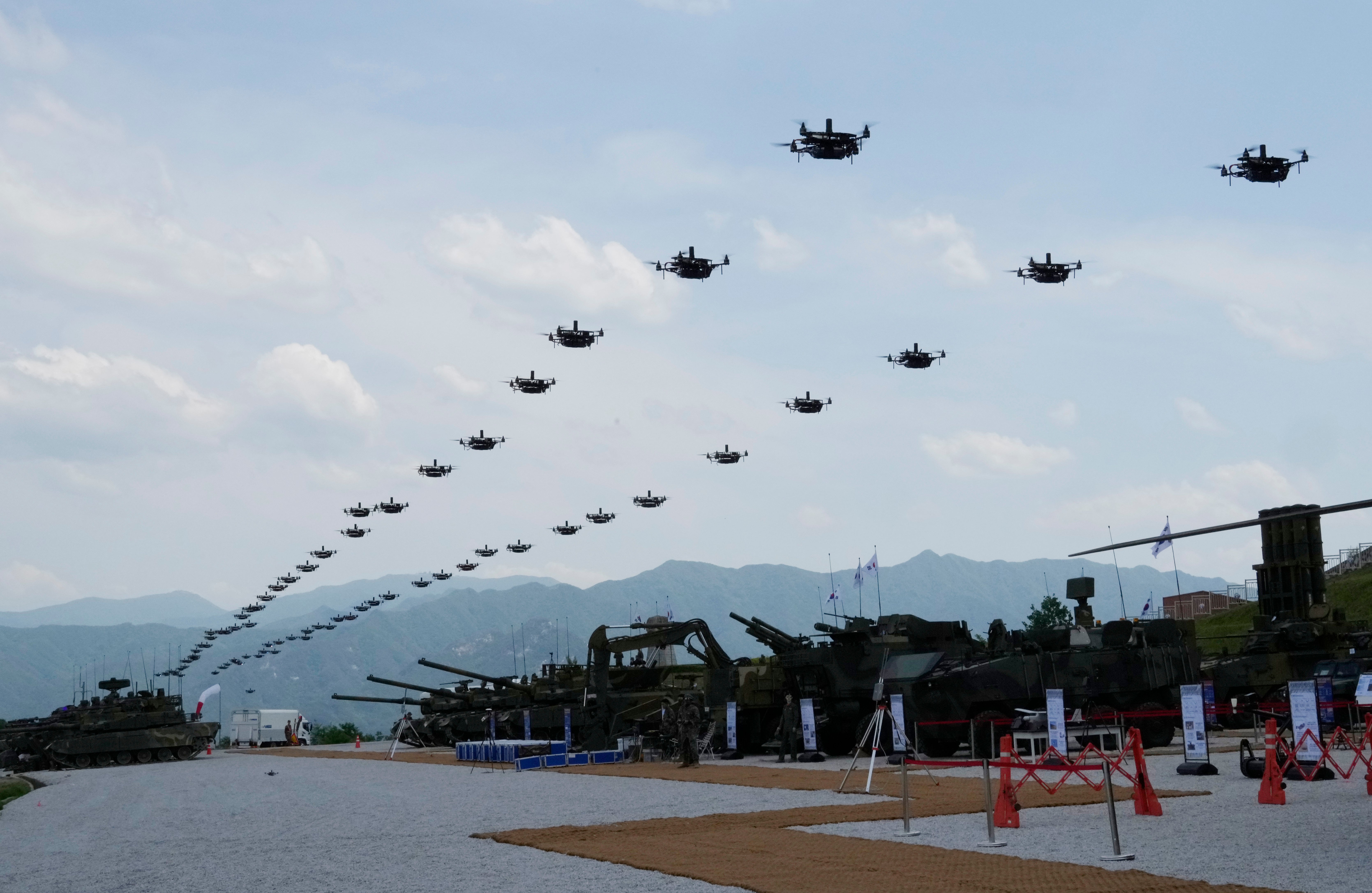 The South Korean army’s drones fly during South Korea-U.S. joint military drills at Seungjin Fire Training Field in Pocheon, South Korea, Thursday, 25 May