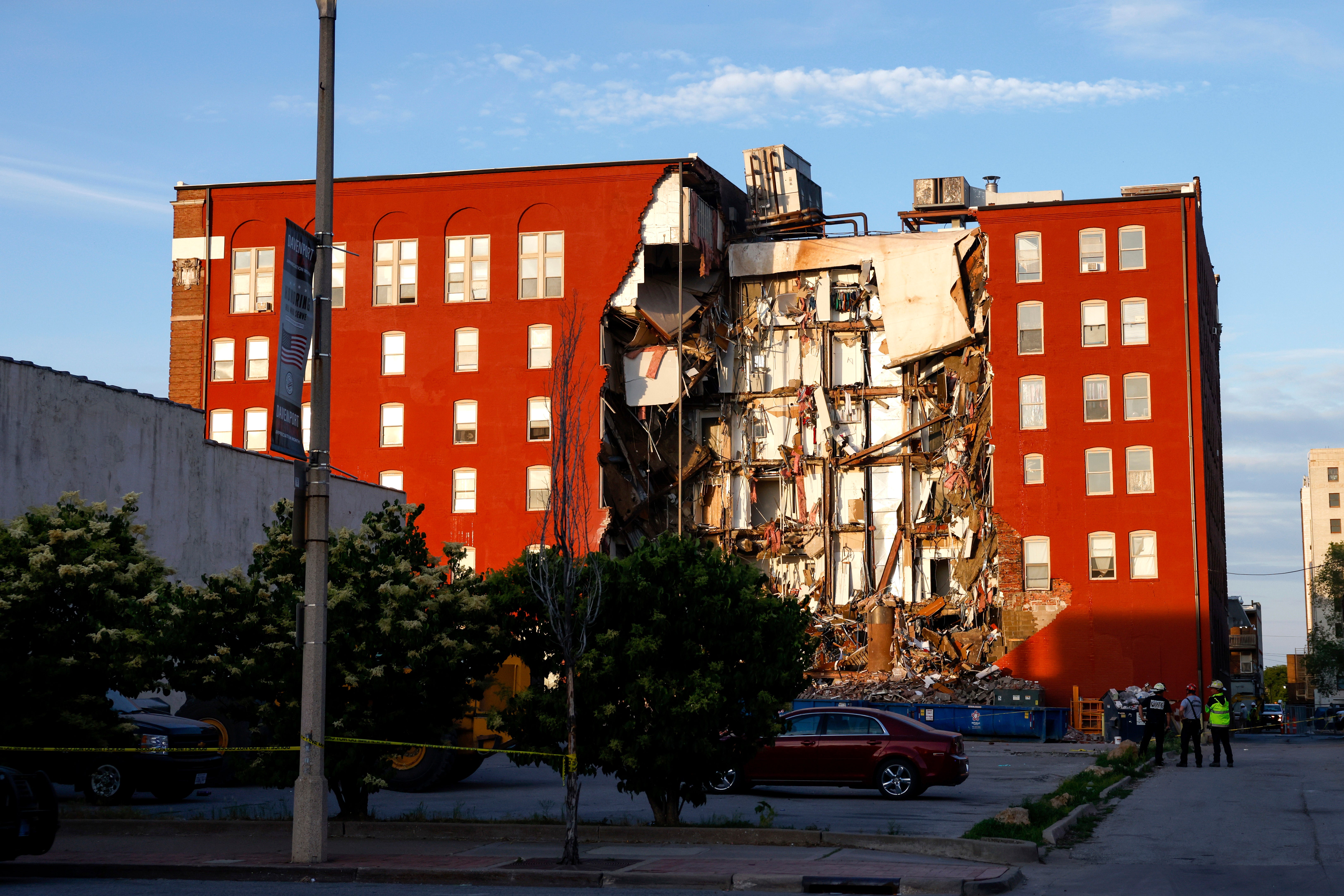 Emergency crews work the scene of a partial apartment building collapse in Davenport, Iowa