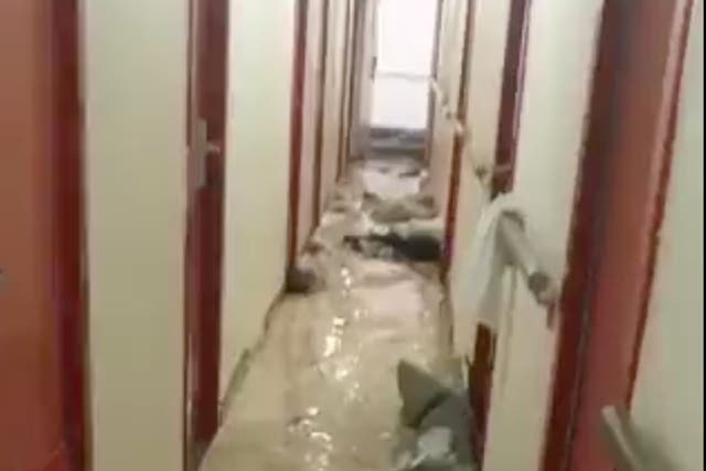 <p>A flooded corridor on the Carnival Sunshine. The ship traveled through a storm on Friday night and Saturday, leaving the ship battered and flooded by the time it arrived in Charleston, South Carolina</p>
