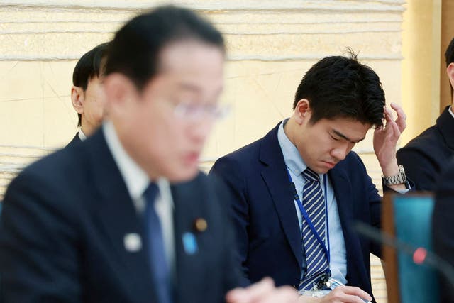 <p>Shotaro Kishida (R), son of Japan’s prime minister Fumio Kishida, attending a meeting at the prime minister’s office</p>