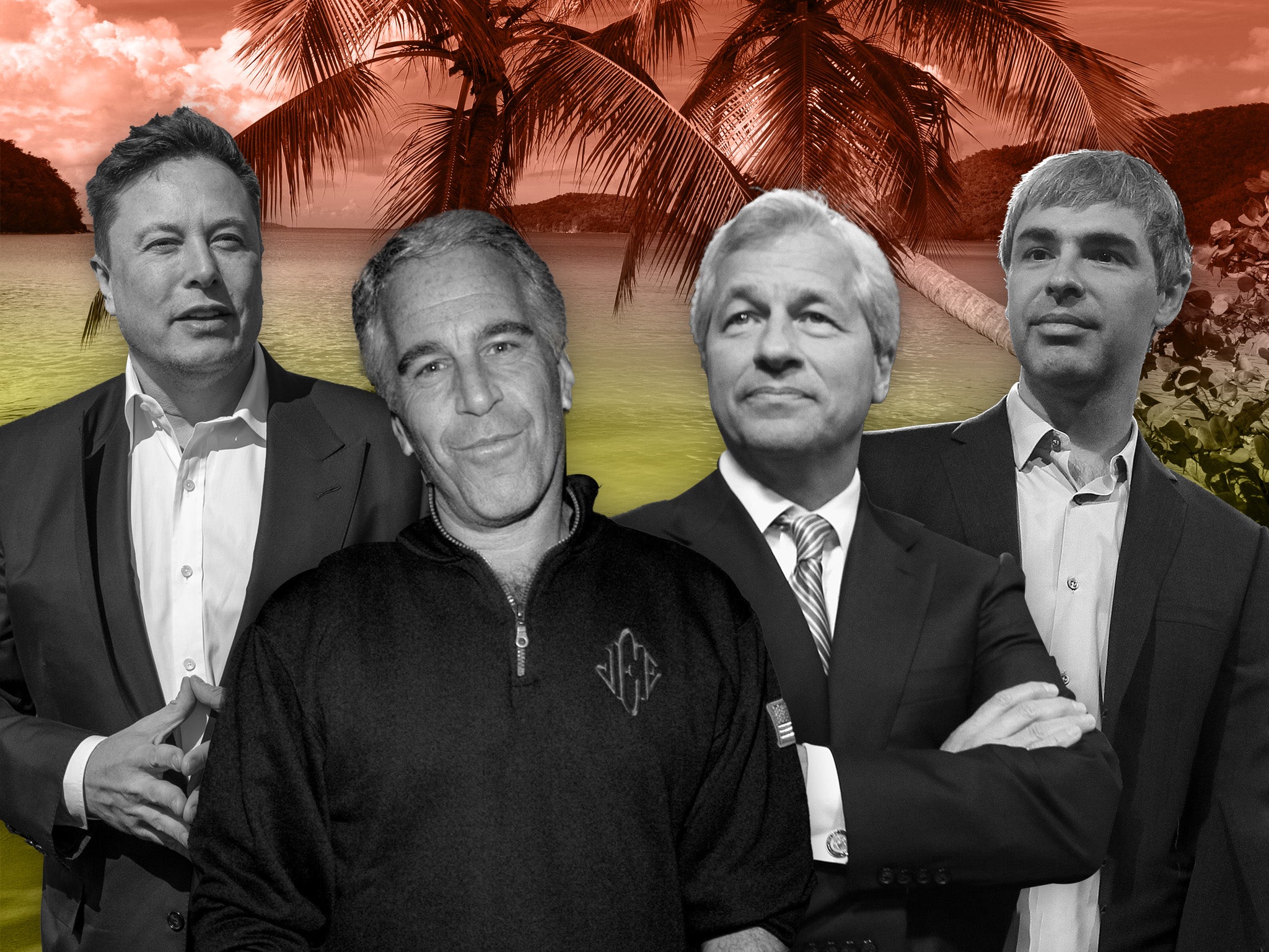 From left Elon Musk, Jeffrey Epstein, Jamie Dimon and Larry Page