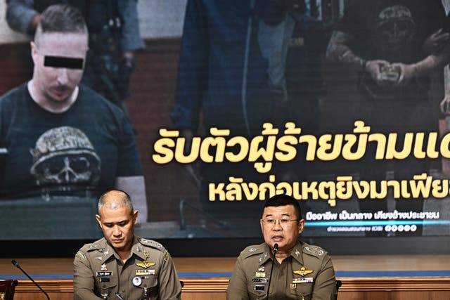 <p>National police chief Damrongsak Kittiprapas (right) speaks during a press conference regarding the extradition of Matthew Dupre (on screen), a Canadian man wanted over the suspected murder of gangster Jimi ‘Slice’ Sandhu in Phuket on 4 February 2022, at the Crime Suppression Division in Bangkok, Thailand on 29 May 2023</p>