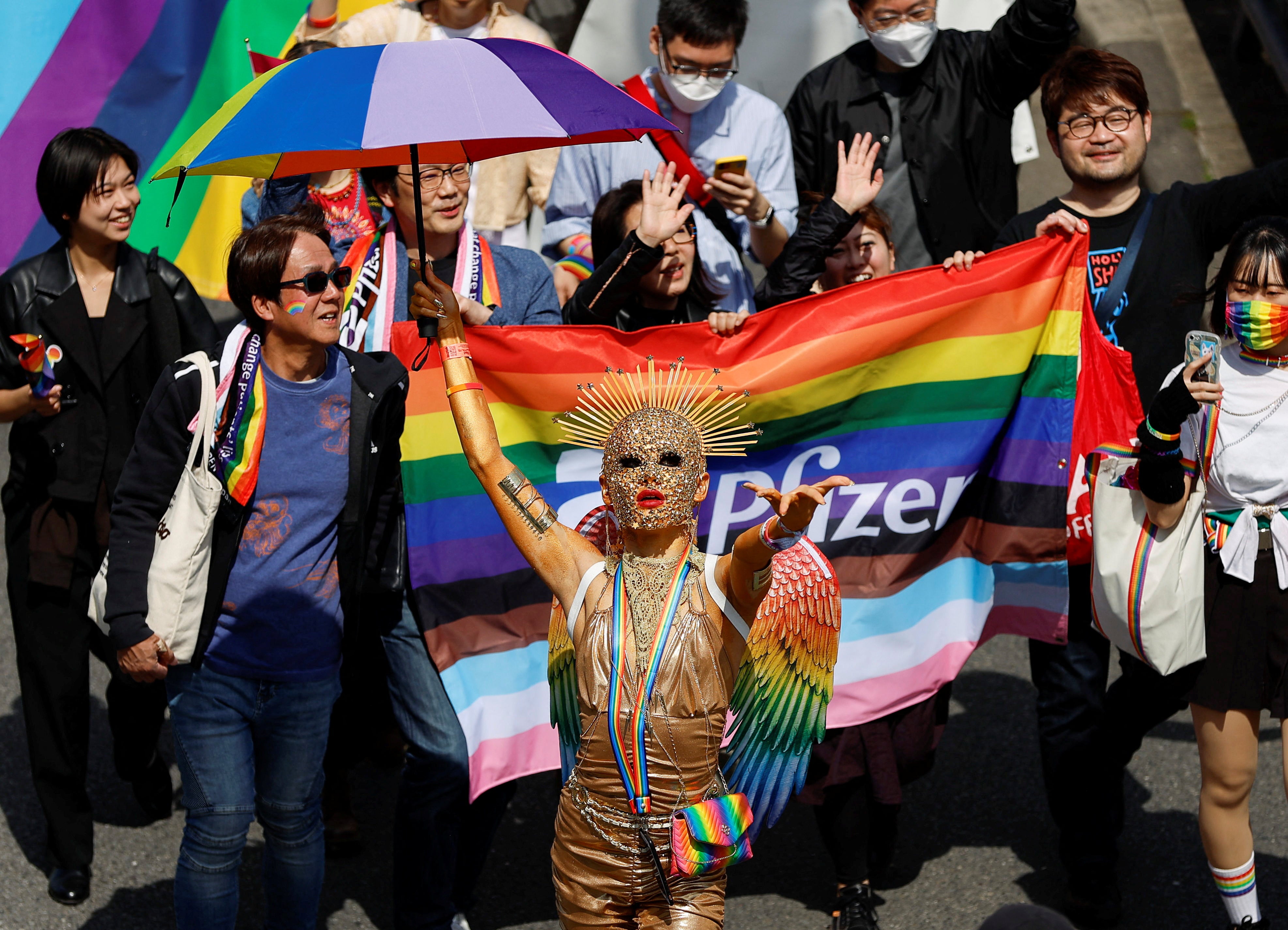 Participants march during the Tokyo Rainbow Pride parade in April 2023