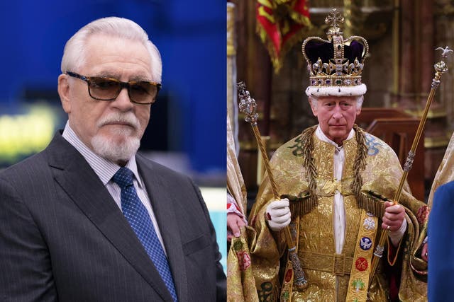 <p>Logan Roy (Brian Cox) from Succession, opposite King Charles III on his coronation day</p>