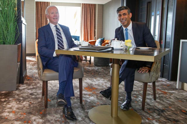 <p>Prime Minister Rishi Sunak (right) with with Joe Biden during the US President’s visit to the island of Ireland (Paul Faith/PA)</p>