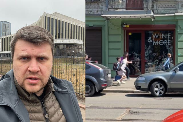 (Left) Ukrainian MP Vadym Ivchenko (Vadym Ivchenko/PA) and (right) children running and screaming in Kyiv as explosions are heard (@rocketinspace)