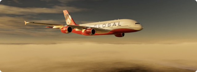 <p>Flying high: Global Airlines’ rendition of its Airbus A380 in service</p>