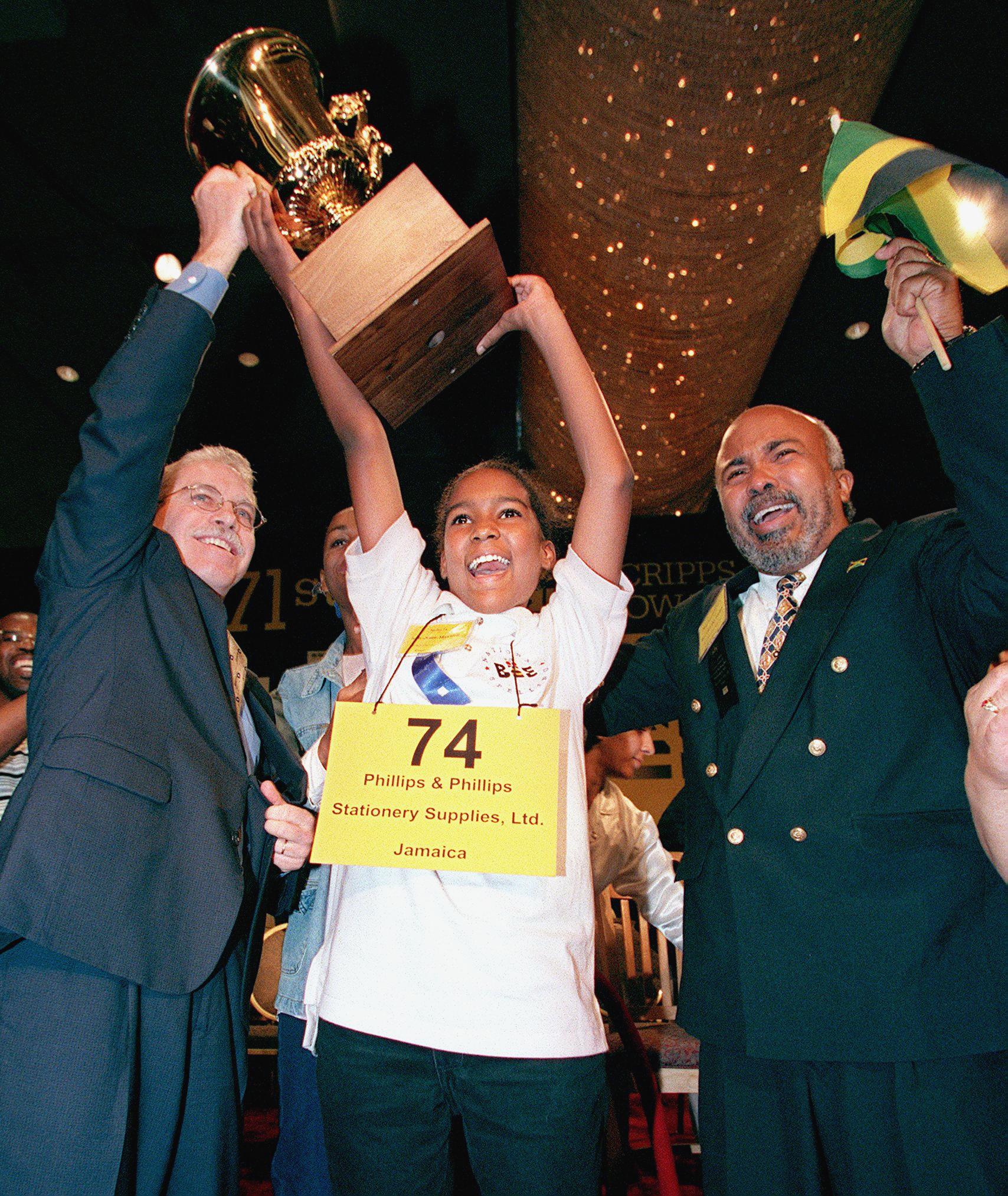 Jody Anne Maxwell, 12, from Kingston, Jamaica, wins the 1998 Scripps National Spelling Bee