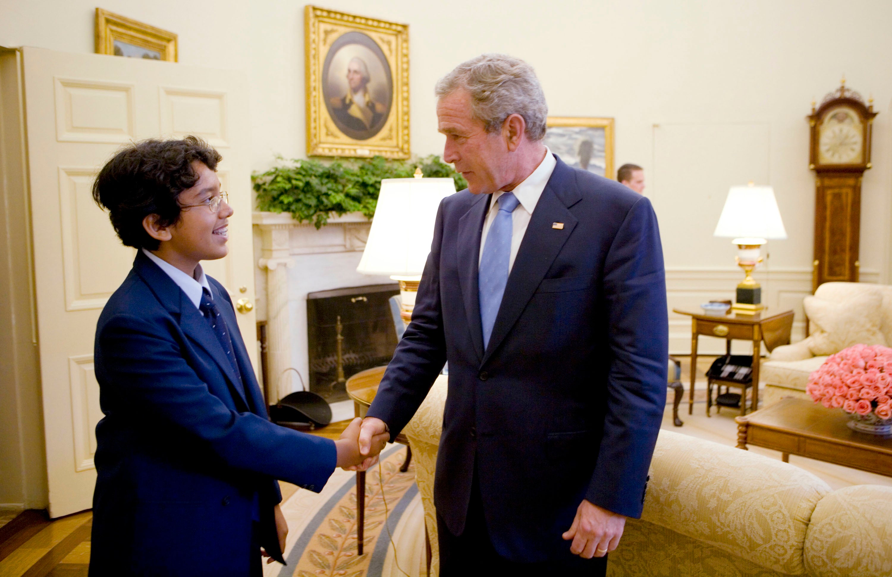 2005 spelling bee winner Anurag Kashyap meets US President George W Bush at The White House in Washington, DC